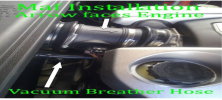 Diagram 4 Fitting Air Flow Meter — MAF Installation Airflow faces Engine — Vacuum Breather Hose.