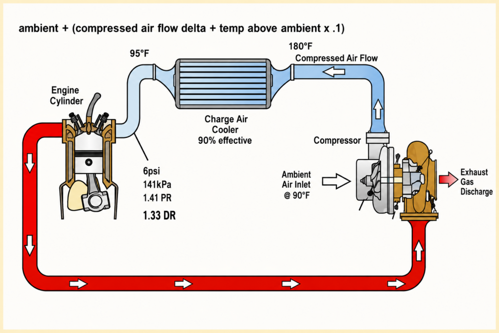 Turbocharged airflow diagram showing intake, cooler, and cylinder path